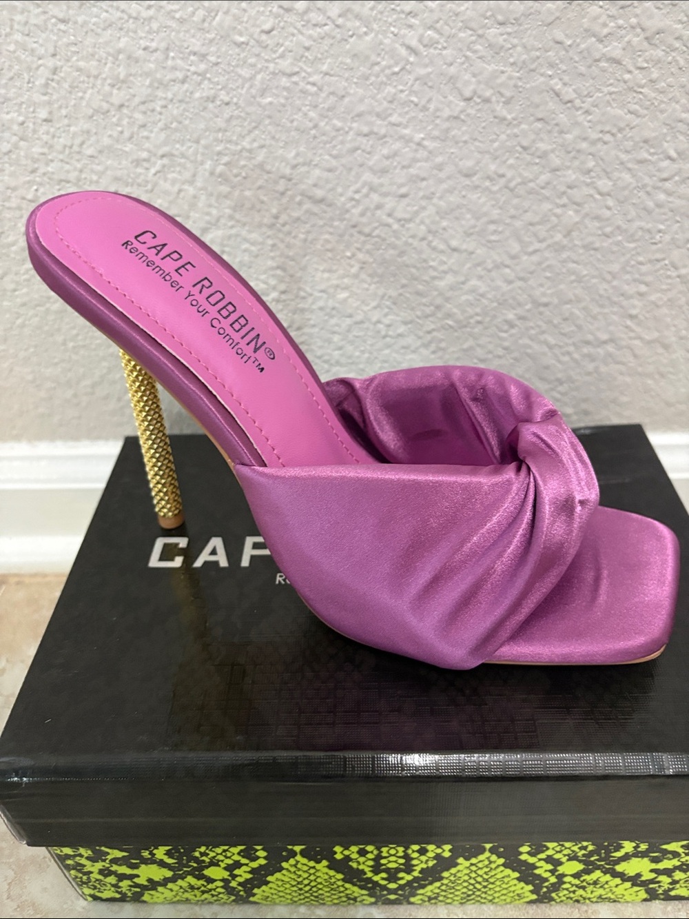 Knotted Satin Stiletto Mule with Gold Heel